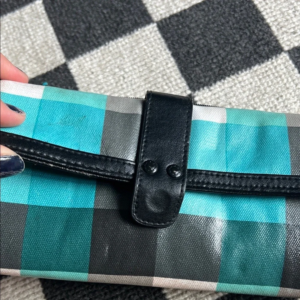 Plaid Wallet Clutch Organizer Zip Around Checkbook Holder Black Teal‎ Gray